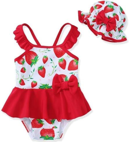 Mikrdoo Baby Girl Swimsuit Ruffled Bikini Tankini Swimsuit Infant Swimwear One Piece Bathing Suits Summer Clothes with Hat in Kuwait