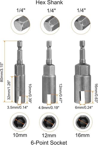HARFINGTON 3pcs Hex Nut Driver Drill Bit Set 10mm 12mm 15mm 6-Points Socket 1/4" Hex Shank Nut Setter CR-V Steel Quick-Change Nut for Power Drills Impact Drivers in Kuwait