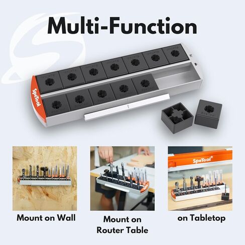 SpeTool Router Bit Storage Rack, Versatile 14 Bit Bases for 1/2 and 1/4 inch Shank Router Bit or 13*13mm Router Bit Box, Router Bit Storage Inserts Holds Up to 56 Router Bit (Sliver) in Saudi Arabia
