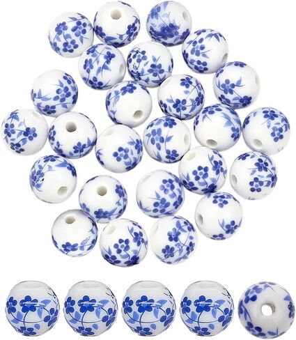 120Pcs Ceramic Beads,10mm Round Porcelain Beads Handmade Porcelain Blue Flower Printed Spacer Beads Craft Beading Kit for Jewelry Making Supplies DIY Crafts Bracelets Necklace Earrings(Blue) in Saudi Arabia