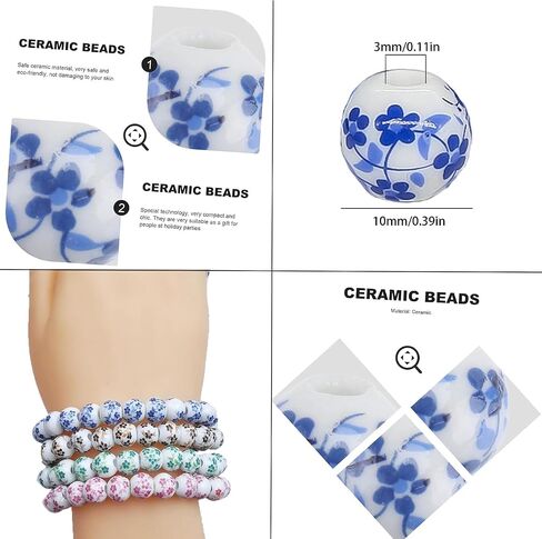 120Pcs Ceramic Beads,10mm Round Porcelain Beads Handmade Porcelain Blue Flower Printed Spacer Beads Craft Beading Kit for Jewelry Making Supplies DIY Crafts Bracelets Necklace Earrings(Blue) in Saudi Arabia