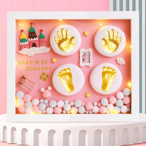 Baby Handprint and Footprint Ink Pad Frame - Personalized Keepsake Kit with Gold Lettering and Organic Glass Display - Perfect for Newborns - Modern White Design - Ideal Baby Memory Gift in Saudi Arabia