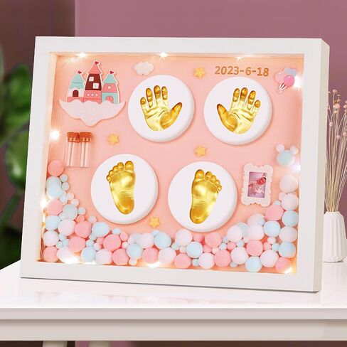 Baby Handprint and Footprint Ink Pad Frame - Personalized Keepsake Kit with Gold Lettering and Organic Glass Display - Perfect for Newborns - Modern White Design - Ideal Baby Memory Gift in Saudi Arabia