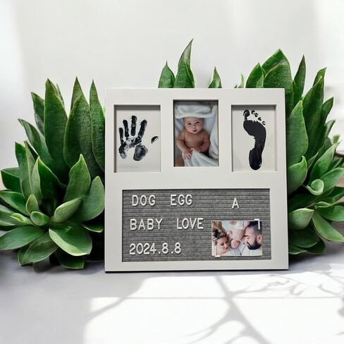 Baby Handprint and Footprint Ink Pad Frame - Personalized Keepsake Kit with Gold Lettering and Organic Glass Display - Perfect for Newborns - Modern White Design - Ideal Baby Memory Gift in Saudi Arabia