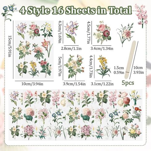 WANDIC 16 Sheets Rub On Transfer Stickers Minimalist Retro Flower Decals Waterproof Stickers Furniture Craft Decals for DIY Scrapbooking Making Greeting Cards Gift,4 * 6in in Saudi Arabia