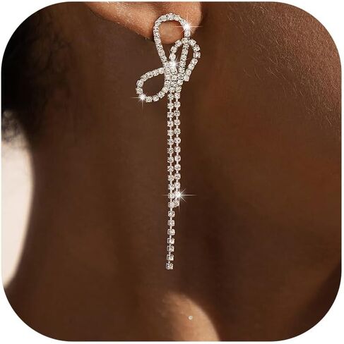 SWEETV Sparkly Rhinestones Earrings for Women, Silver Crystal Bow Drop Dangle Tassel Earrings for Wedding Bridal Prom Party in Saudi Arabia