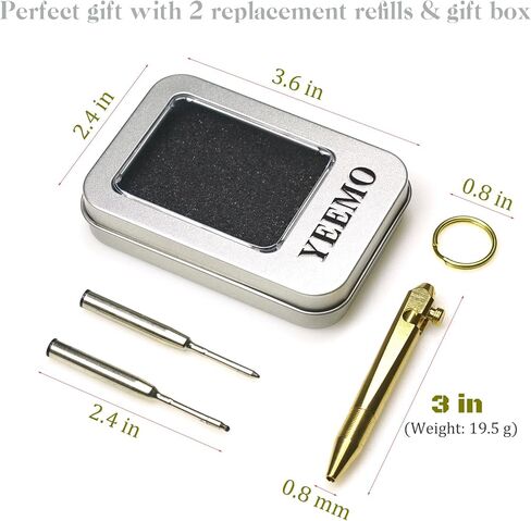 Mini Brass Bolt Action Pen with Keychain, Handmade EDC Pocket Pen, 76 mm with 2 Replacement Refills & Gift Box (Bronze) in Kuwait