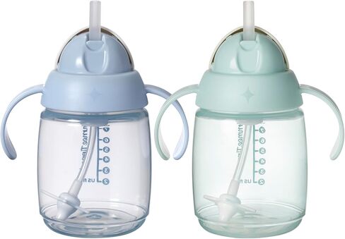 Tommee Tippee Starter Straw Cup, Easy Transition Toddler Cup For 6 Months+, 10oz with Silicone Weighted Straw and Easy-Hold Handles, Pack of 2, Pink and Purple in Kuwait