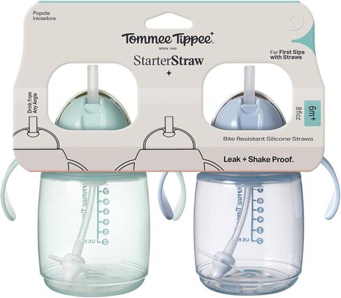 Tommee Tippee Starter Straw Cup, Easy Transition Toddler Cup For 6 Months+, 10oz with Silicone Weighted Straw and Easy-Hold Handles, Pack of 2, Pink and Purple in Kuwait