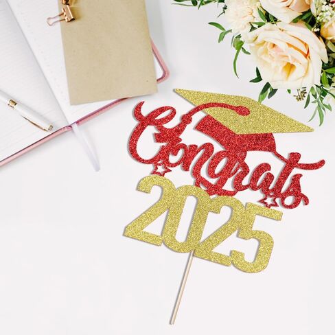 Congrats 2025 Cake Topper, Congrats Grad, Senior High School College Graduation Party Decorations Supplies, Graduation Celebration Party (Dark blue red) in Saudi Arabia