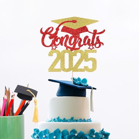 Congrats 2025 Cake Topper, Congrats Grad, Senior High School College Graduation Party Decorations Supplies, Graduation Celebration Party (Dark blue red) in Saudi Arabia