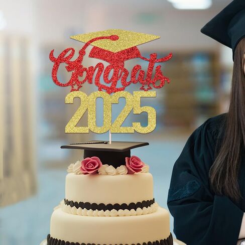 Congrats 2025 Cake Topper, Congrats Grad, Senior High School College Graduation Party Decorations Supplies, Graduation Celebration Party (Dark blue red) in Saudi Arabia
