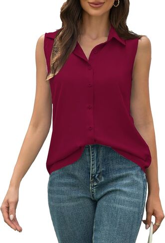 Women’s Sleeveless Button Down Shirts Casual Collared Tank Top V Neck Summer Blouses for Work Businees in Saudi Arabia