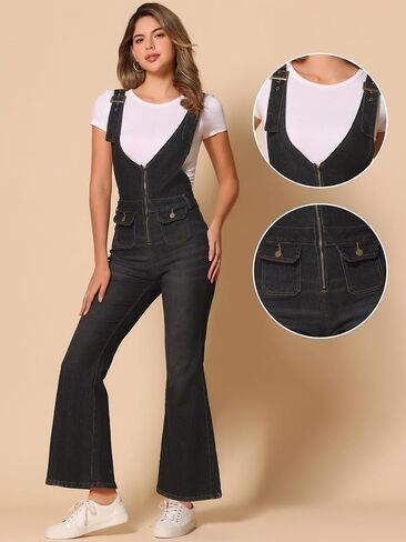 Allegra K Overalls Jeans for Women's Casual Adjustable Bib Bell Bottom Denim Pants Jumpsuits in Kuwait