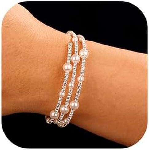 Xerling Boho Faux Pearl Bracelets for Women Adjustable Layered Bangle Bracelets for Girls Crystal Rhinestones Hand Jewelry for Bridal Wedding Elastic Stretch Hand Chains (Type A-Gold) in Saudi Arabia