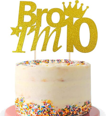 Happy 10th Chake Cake Topper ، Gold Bro Im 10 عيد ميلاد اختيار كعكة ، سلام أرقام واحدة أنا 10 كعكة توببر للأطفال الأولاد الأرقام المزدوجة 10 سنة ديكور الكعك (الذهب) in Kuwait