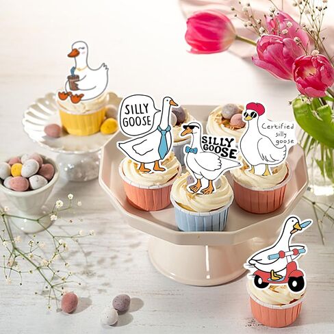 48pcs الصالحة الصالحة للأكل غوس أوزة كب كيك أعلى ورق الويفر ورق السخيفة أوزة كعكة عيد ميلاد القبع in Kuwait