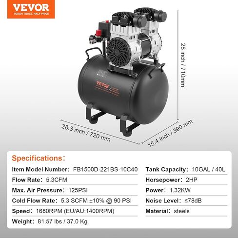 Vevor 6.3 Gallon Air Compressor ، 2 HP 3.35 CFM@ 90PSI OIL OIL ضاغط الهواء الخالي من الخزان والخزائن MAX. ضغط 116PSI ، ضاغط هادئ 70 ديسيبل لإصلاح السيارات ، تضخم الإطارات ، الرسم الرش ، تسمير الأعمال الخشبية in Saudi Arabia