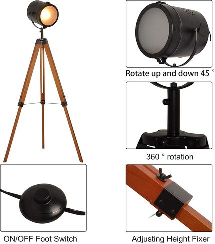 Industrial Vintage Black Tripod Floor Table Lamp - Modern Adjustable Height Wooden Nautical Cinema Searchlight - Spotlight Standing Reading Light for Living Room Bedroom Office Decoration(no Bulb) in Saudi Arabia