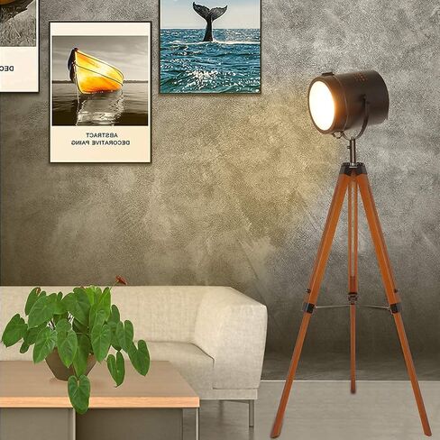 Industrial Vintage Black Tripod Floor Table Lamp - Modern Adjustable Height Wooden Nautical Cinema Searchlight - Spotlight Standing Reading Light for Living Room Bedroom Office Decoration(no Bulb) in Saudi Arabia