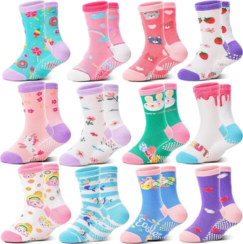Baby Girls Toddlers Grips Socks Kids Non Slip Anti Skid Funny Animal Cartoon Gift Cotton Socks with Grippers 12 Pairs Stocking Stuffers(Cartoon Colorful,5-8Y) in Saudi Arabia