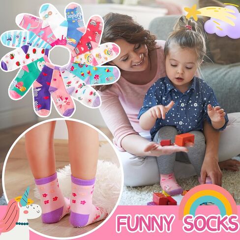 Baby Girls Toddlers Grips Socks Kids Non Slip Anti Skid Funny Animal Cartoon Gift Cotton Socks with Grippers 12 Pairs Stocking Stuffers(Cartoon Colorful,5-8Y) in Saudi Arabia