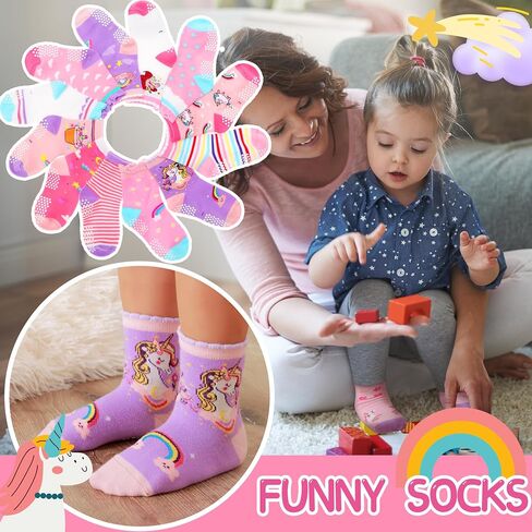 Baby Girls Toddlers Grips Socks Kids Non Slip Anti Skid Funny Animal Cartoon Gift Cotton Socks with Grippers 12 Pairs Stocking Stuffers(Cartoon Colorful,5-8Y) in Saudi Arabia