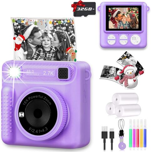 Camera for Kids Instant Print,Portable Camera with 32G Card & 1080p Video,Instant Print Camera with Color Pens for DIY,Over 3 Years Old for Boys Girls Birthday Gifts Halloween Christmas(Purple) in Kuwait