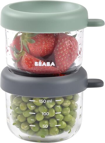 Beaba 5 oz Glass Baby Food Jars with Soft Silicone Air Tight Lids, Glass Storage Containers with Lids, Microwave and Freezer Safe Containers, Sage Green in Saudi Arabia