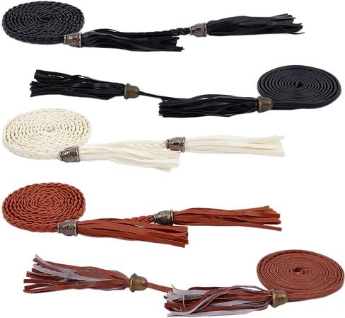 CRASPIRE 6Pcs Thin Braided Belt 3 Colors PU Leather Boho Knotted Waistband Rope 59in(150cm) Adjust Beaded Vintage Skinny Tie Trendy Decorative Woven Waist Cord for Lady Women Summer Skirt Dress in Saudi Arabia