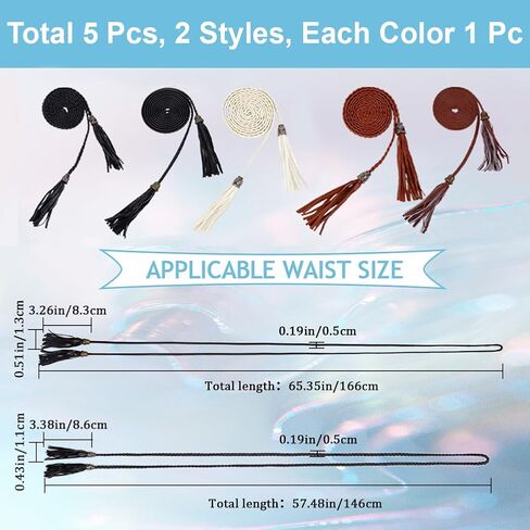 CRASPIRE 6Pcs Thin Braided Belt 3 Colors PU Leather Boho Knotted Waistband Rope 59in(150cm) Adjust Beaded Vintage Skinny Tie Trendy Decorative Woven Waist Cord for Lady Women Summer Skirt Dress in Saudi Arabia