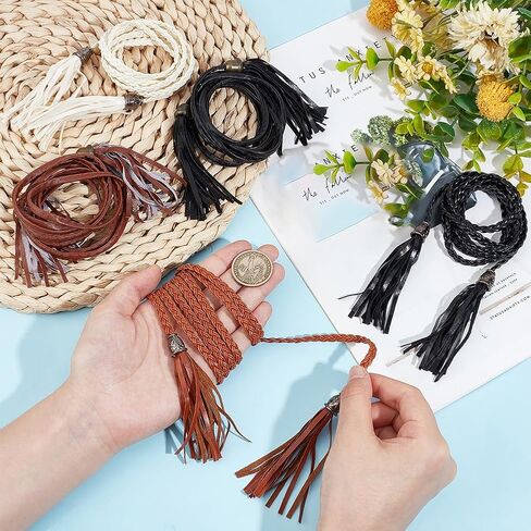 CRASPIRE 6Pcs Thin Braided Belt 3 Colors PU Leather Boho Knotted Waistband Rope 59in(150cm) Adjust Beaded Vintage Skinny Tie Trendy Decorative Woven Waist Cord for Lady Women Summer Skirt Dress in Saudi Arabia