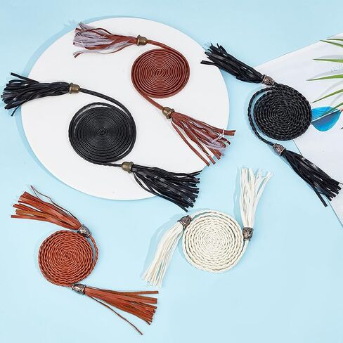 CRASPIRE 6Pcs Thin Braided Belt 3 Colors PU Leather Boho Knotted Waistband Rope 59in(150cm) Adjust Beaded Vintage Skinny Tie Trendy Decorative Woven Waist Cord for Lady Women Summer Skirt Dress in Saudi Arabia