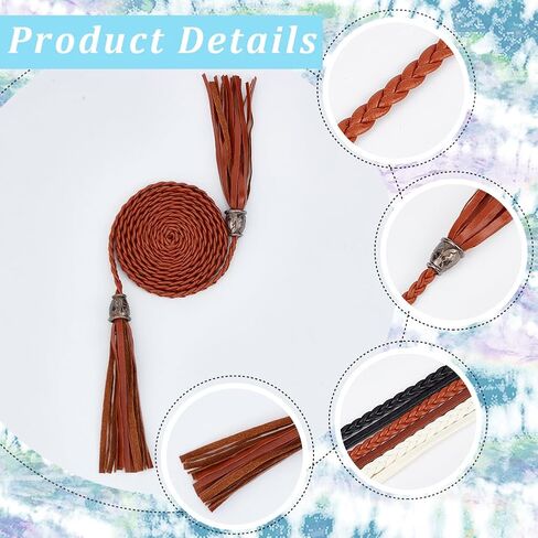 CRASPIRE 6Pcs Thin Braided Belt 3 Colors PU Leather Boho Knotted Waistband Rope 59in(150cm) Adjust Beaded Vintage Skinny Tie Trendy Decorative Woven Waist Cord for Lady Women Summer Skirt Dress in Saudi Arabia