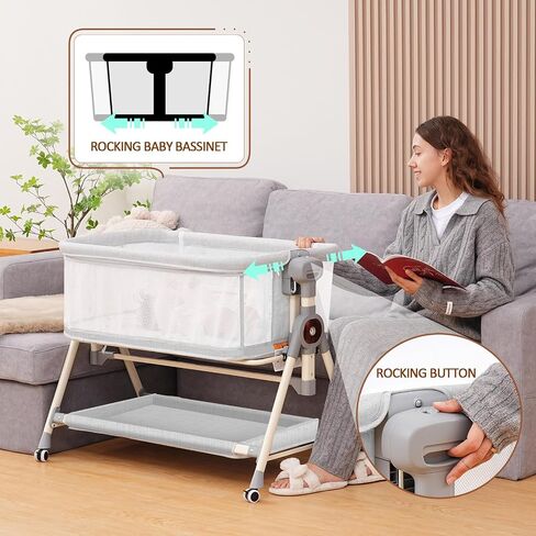 Baby Bassinet,Rocking Bassinet with Waterproof Sheets,3 in 1 Baby Bassinets Bedside Sleeper,6 Height Adjustable Bedside Bassinet for Newborn(Grey) in Saudi Arabia