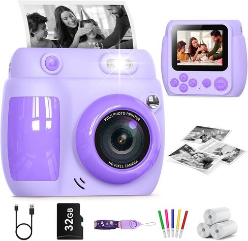 Kids Camera Instant Print, Birthday Gifts for Girls Boys with 3 Rolls Print Paper & 32GB Card, 48MP Toddler Digital Camera 1080P HD Video Toys Camera for Kids 3-12, Blue in Kuwait