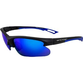 Cliff Weil Optic Edge Fireball Wraparound Sports & Motorcycle Sunglasses for Men or Women Semi-Rimless Matte Black Frame w/Dielectric Blue Mirror Lens