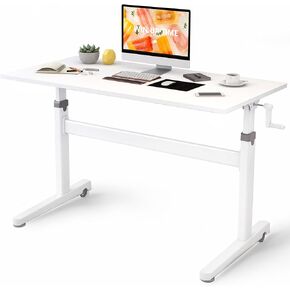 Manual Standing Desk Adjustable Height- Crank Mobile Standing Desk 48 x 24 Inches Sit Stand Desk Frame & Top, Stand Up Desk on Wheels, Computer Desk White Frame & White