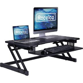 Rocelco 32" Height Adjustable Standing Desk Converter - Quick Sit Stand Up Dual Monitor Riser - Gas Spring Assist Tabletop Computer Workstation - Large Retractable Keyboard Tray - Black (R ADRB)