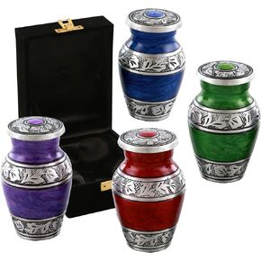 Metallic Small Urns with Multicolor Flower Engraving Design- Cremation Urn for Men & Women - Set of 4 Mini Urns - Keepsake Urns for Human Ashes - Urns for Male & Female (Design- 1)