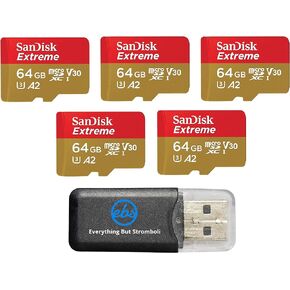 SanDisk Micro Extreme 64GB Memory Card (Five Pack) for DJI Air 2S Drone (SDSQXAH-064G-GN6MN) Bundle with (1) Everything But Stromboli MicroSD Card Reader
