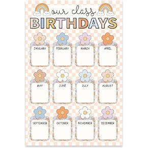 Whaline Happy Birthday Chart Poster Pastel Boho Flower Birthday Chart Calendars Colorful Plaid Birthday Poster Decoration for Bulletin Board Chalkboard Wall Decor, 11 x 16.5 Inch