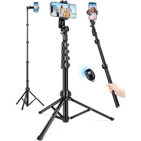 Phone Tripod Stand, 74" Selfie Stick Tripod with Remote Gooseneck Phone Holder, Phone Stand Tripod for Video Recording Photo Vlog, Compatible with iPhone Plus Pro Max Cellphone Cameras