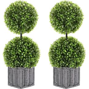 Artificial Boxwood Topiary Tree, Two 17'' Potted Boxwood Tree Topiary Ball Artificial Plant Shrub Greenery Arrangements in Pots Boxwood Tabletop for Table Desk Bookshelf Decor