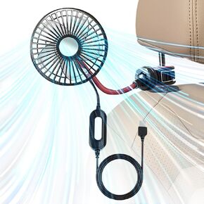Car Fan for Backseat, Electric Car Fans for Rear Seat Passenger with 3 Speeds, Portable 360 Degree Rotatable Vehicle Fan for Car Seat, USB Electric Car Seat Fan for Vehicles RV SUV Truck