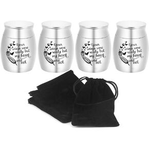 Liphontcta Silver Beautiful Small Mini Keepsake Urn for Human Ashes - Set of 4 - with 4 Pcs Velvet Bag - Your Wings were Ready My Heart was Not (4 pc Cremation Urn)
