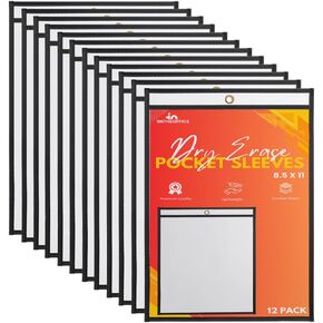 1InTheOffice Dry Erase Pocket Sleeves, Black Shop Ticket Holders 8.5x11, (12 Pack)