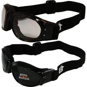 2 Pairs Birdz Eagle Padded Motorcycle Safety Goggles Black Frame w/Clear & Polarized Smoke Lenses, Day and Night Goggles