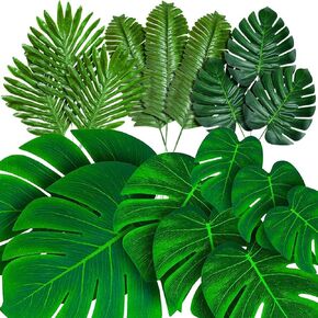 HANDIC 96 Pack Palm Leaves Artificial Tropical Monsteras Faux Palm Fronds Monstera Stems Luau Hawaiian Party (Green)