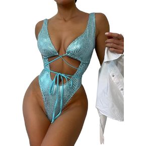 Women's Metallic Snakeskin One Piece Swimsuits Rave Outfit Bathing Suits